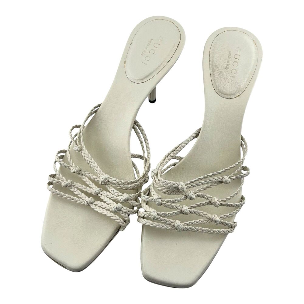 Gucci Strappy Braided Leather Sandal Cream Ivory Stiletto 7.5B Runs Small $750